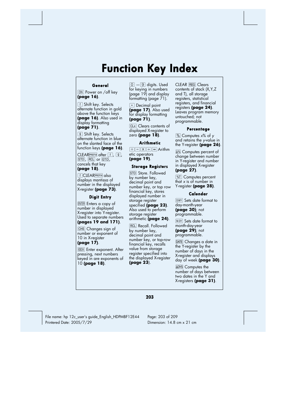 Function key index | HP 12C Financial calculator User Manual | Page 203 / 211