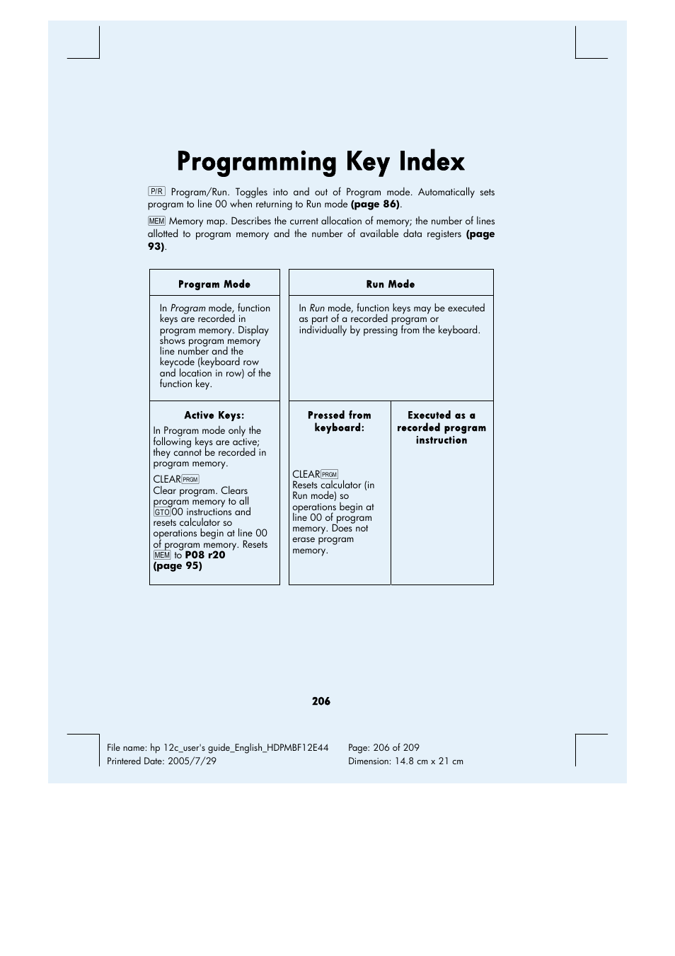 Programming key index | HP 12C Financial calculator User Manual | Page 206 / 211