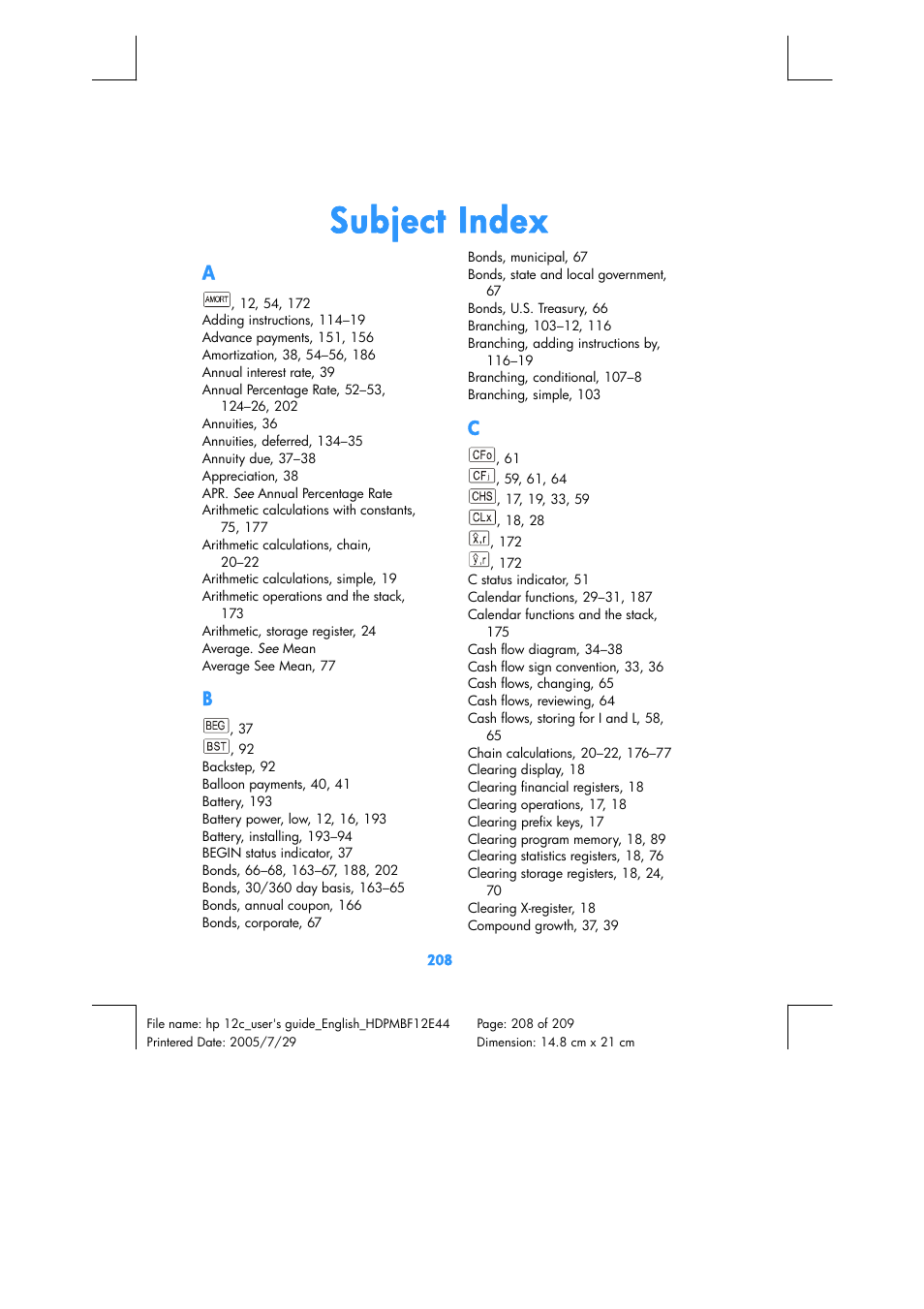 Subject index | HP 12C Financial calculator User Manual | Page 208 / 211