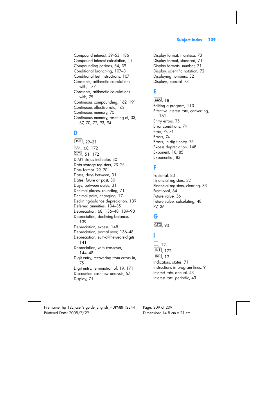 HP 12C Financial calculator User Manual | Page 209 / 211