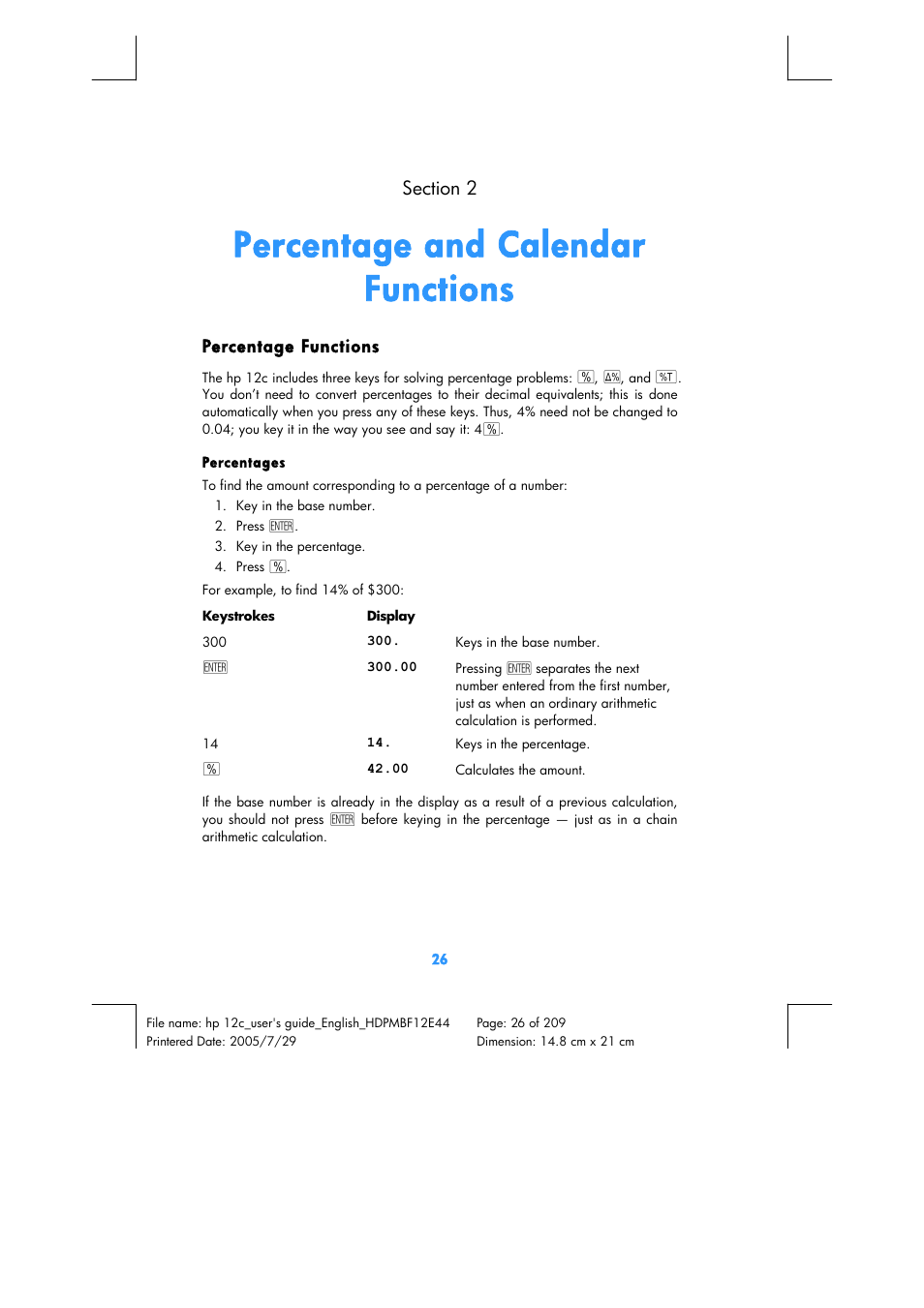 Percentage and calendar functions | HP 12C Financial calculator User Manual | Page 26 / 211