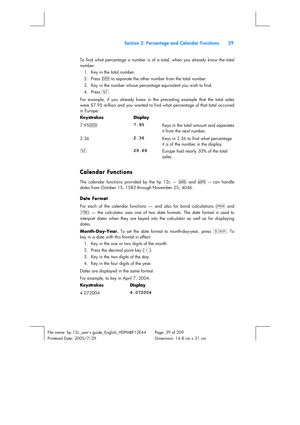 Calendar functions | HP 12C Financial calculator User Manual | Page 29 / 211