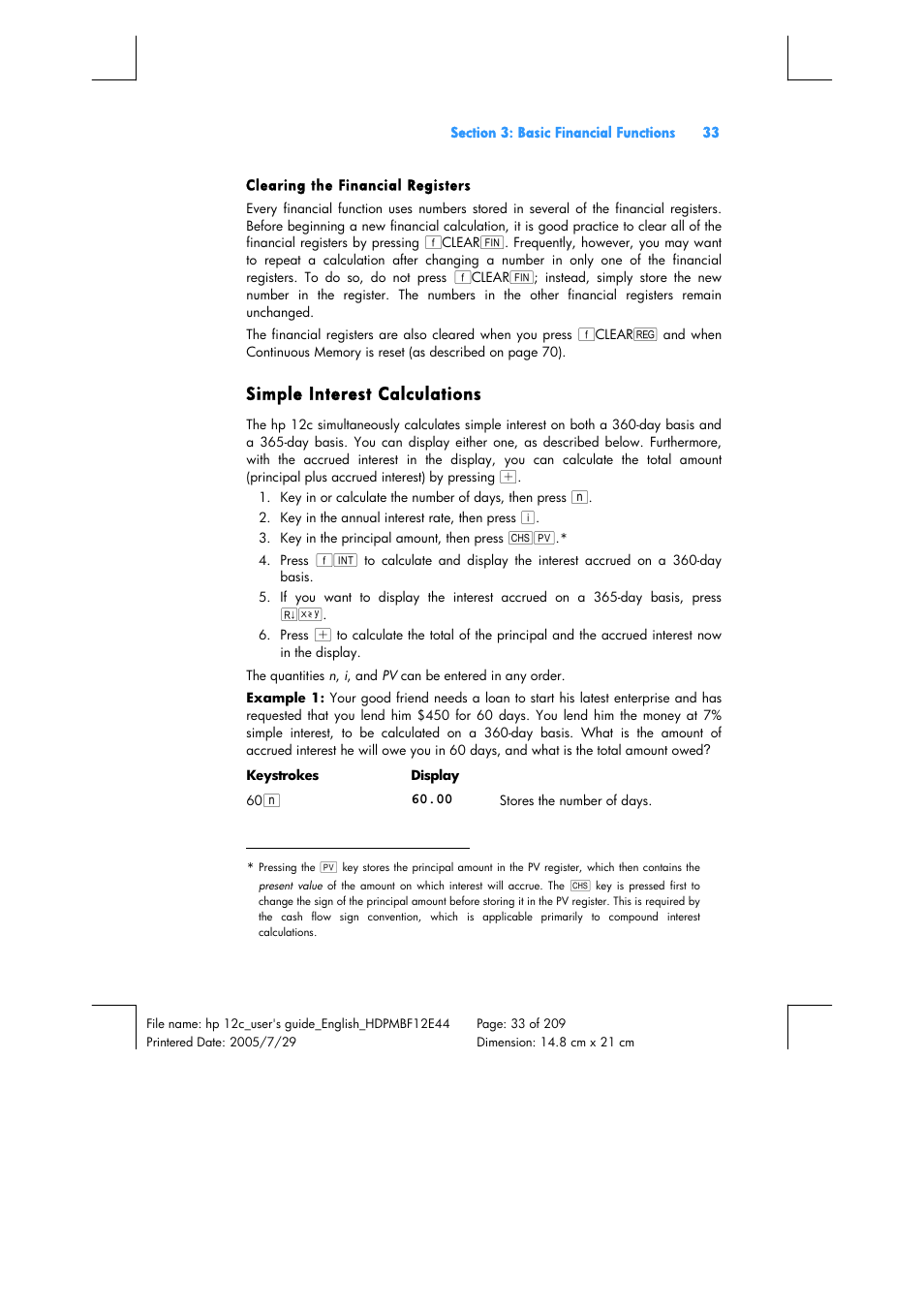 Simple interest calculations | HP 12C Financial calculator User Manual | Page 33 / 211