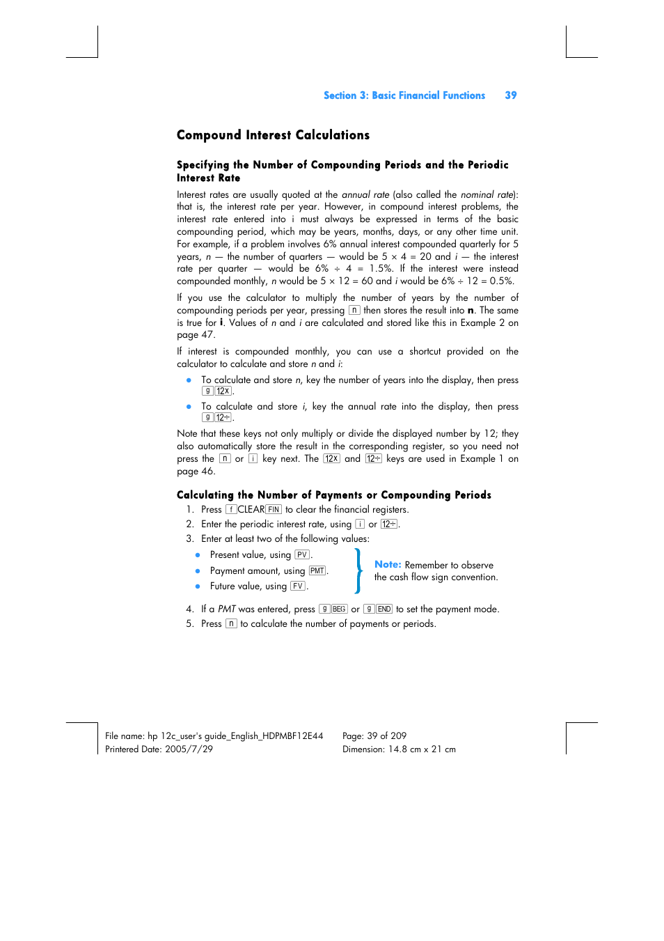 Compound interest calculations | HP 12C Financial calculator User Manual | Page 39 / 211