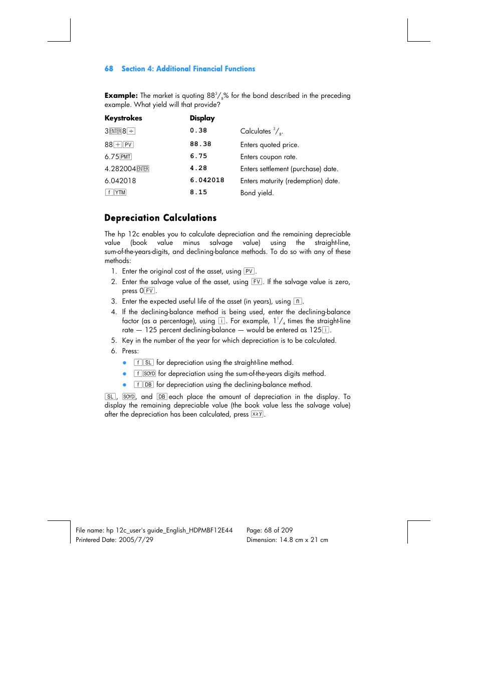 Depreciation calculations | HP 12C Financial calculator User Manual | Page 68 / 211