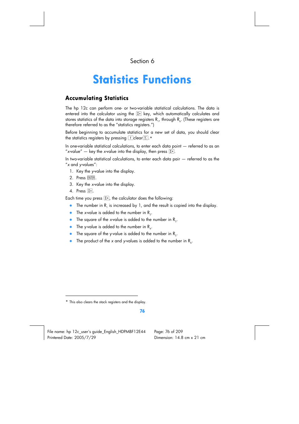 Statistics functions, Accumulating statistics | HP 12C Financial calculator User Manual | Page 76 / 211