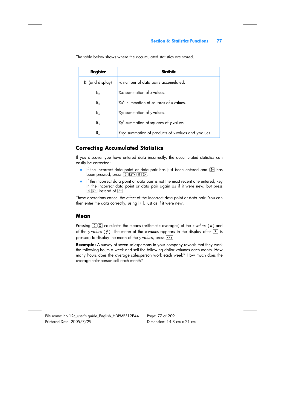 Correcting accumulated statistics, Mean | HP 12C Financial calculator User Manual | Page 77 / 211