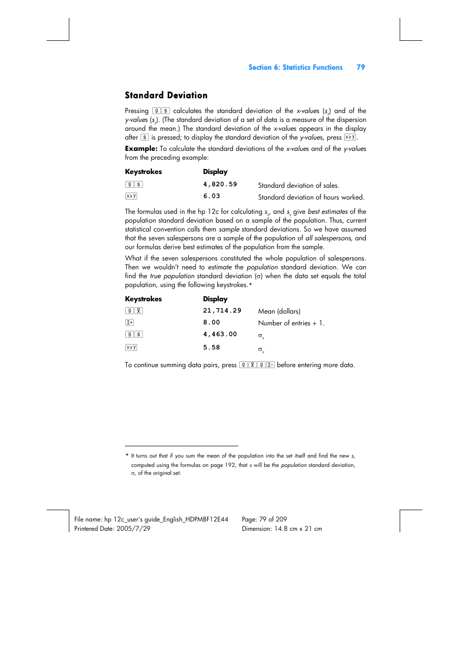 Standard deviation | HP 12C Financial calculator User Manual | Page 79 / 211