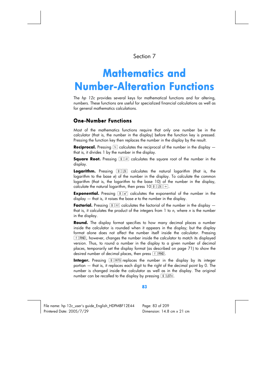 Mathematics and number-alteration functions | HP 12C Financial calculator User Manual | Page 83 / 211