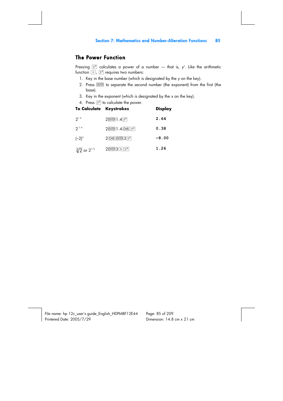 The power function | HP 12C Financial calculator User Manual | Page 85 / 211