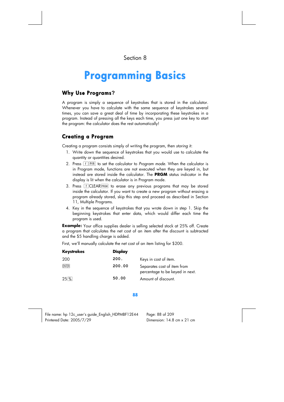 Programming basics | HP 12C Financial calculator User Manual | Page 88 / 211