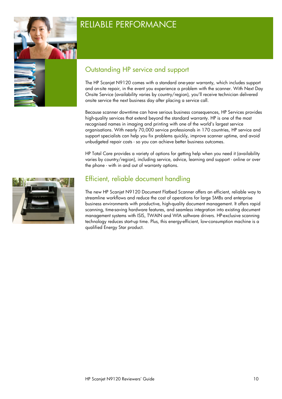 Reliable performance, Outstanding hp service and support, Efficient, reliable document handling | HP SCANJET N9120 User Manual | Page 10 / 16