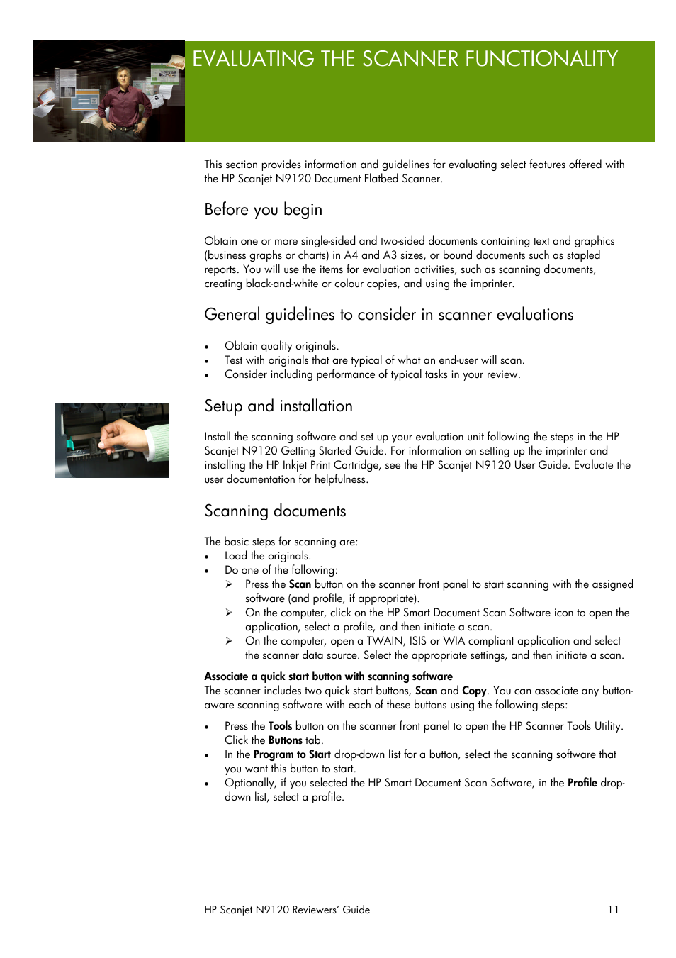 Evaluating the scanner functionality, Before you begin, Setup and installation | Scanning documents | HP SCANJET N9120 User Manual | Page 11 / 16