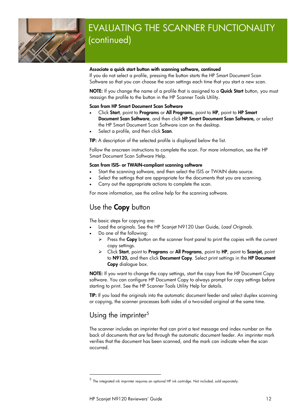 Evaluating the scanner functionality (continued), Use the copy button, Using the imprinter | HP SCANJET N9120 User Manual | Page 12 / 16