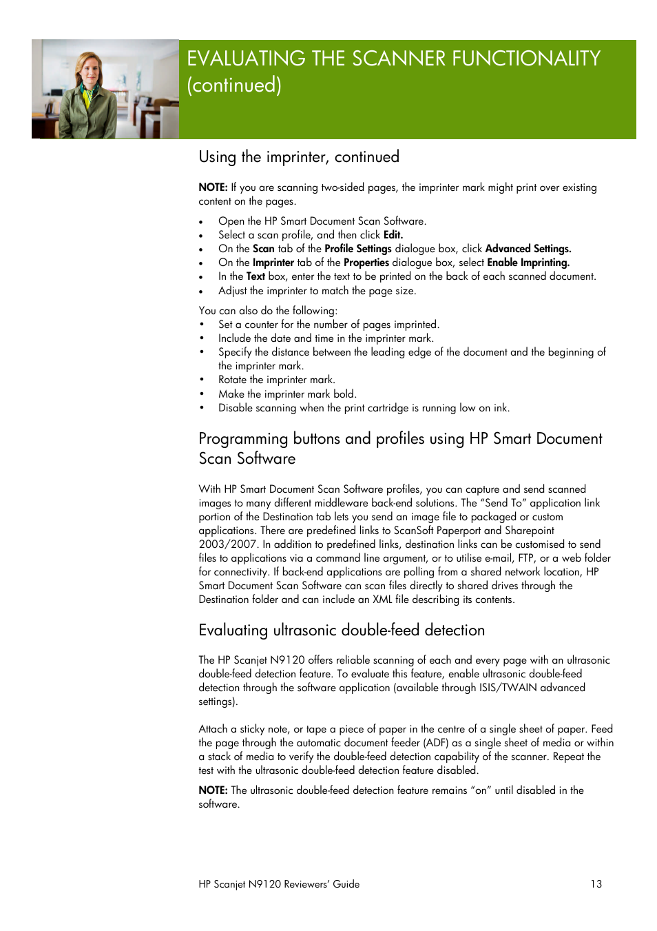 Evaluating the scanner functionality (continued), Using the imprinter, continued, Evaluating ultrasonic double-feed detection | HP SCANJET N9120 User Manual | Page 13 / 16