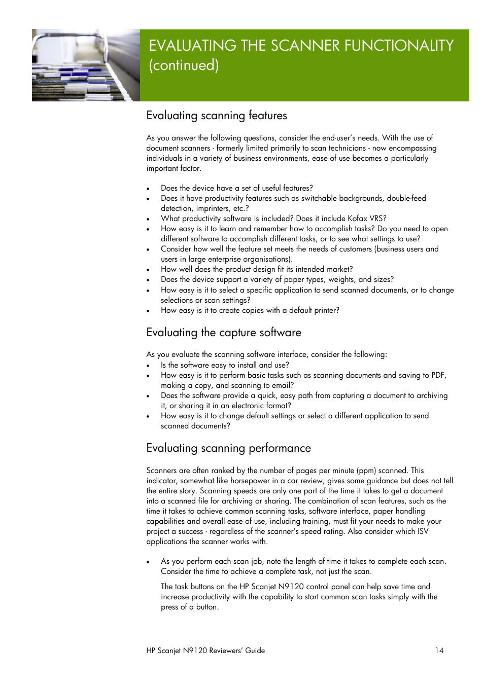 Evaluating the scanner functionality (continued), Evaluating scanning features, Evaluating the capture software | Evaluating scanning performance | HP SCANJET N9120 User Manual | Page 14 / 16