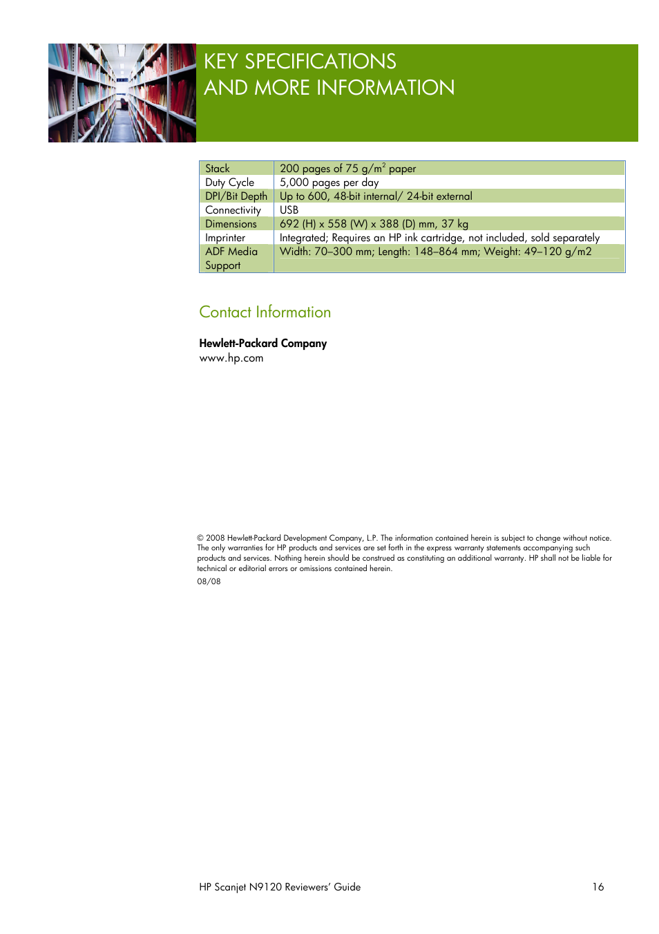 Key specifications and more information, Contact information | HP SCANJET N9120 User Manual | Page 16 / 16