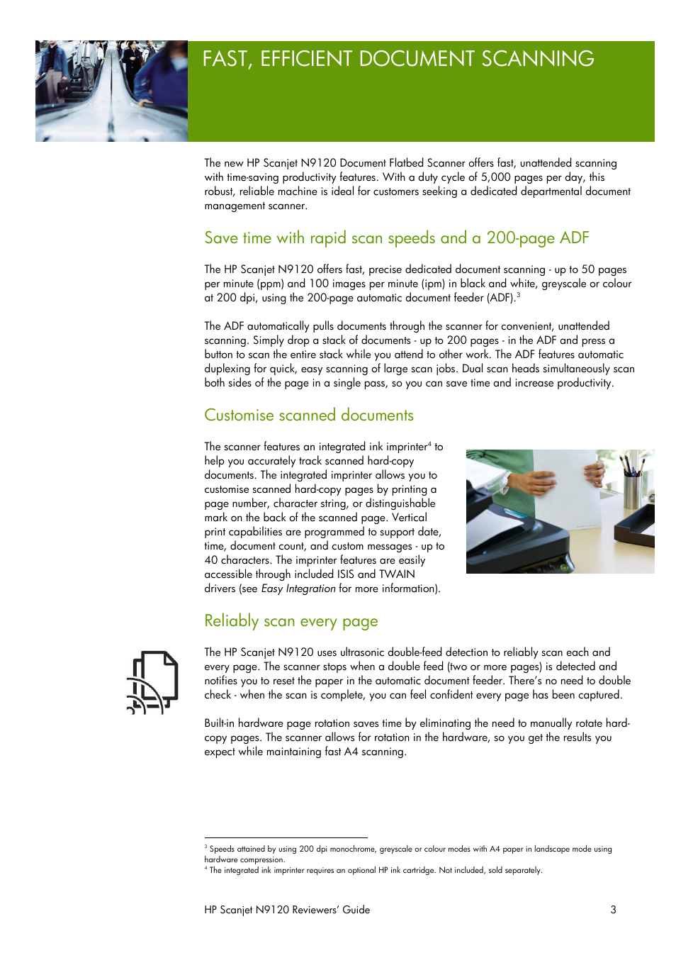 Fast, efficient document scanning, Customise scanned documents, Reliably scan every page | HP SCANJET N9120 User Manual | Page 3 / 16