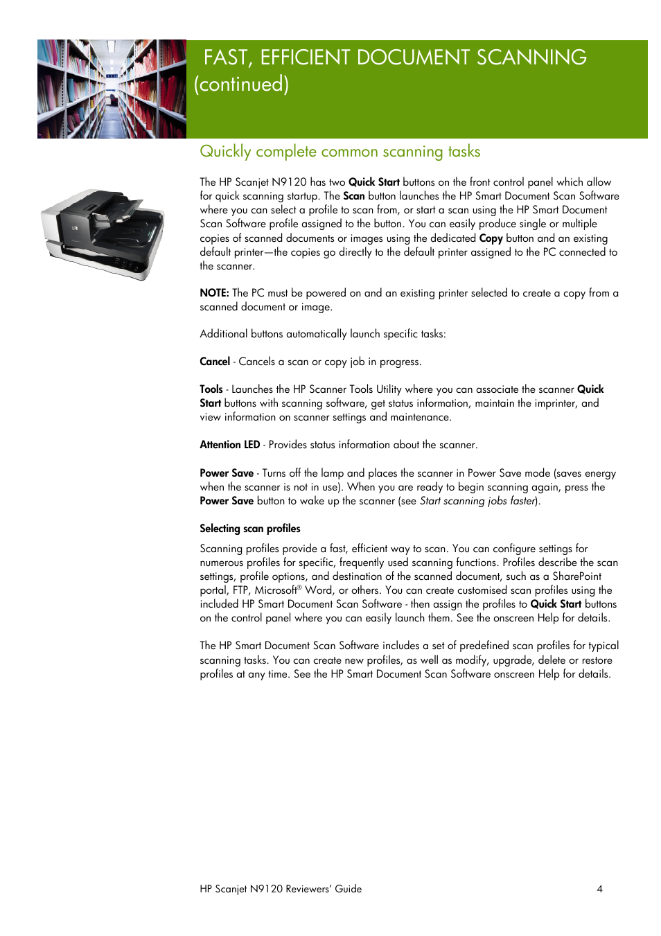 Fast, efficient document scanning (continued), Quickly complete common scanning tasks | HP SCANJET N9120 User Manual | Page 4 / 16