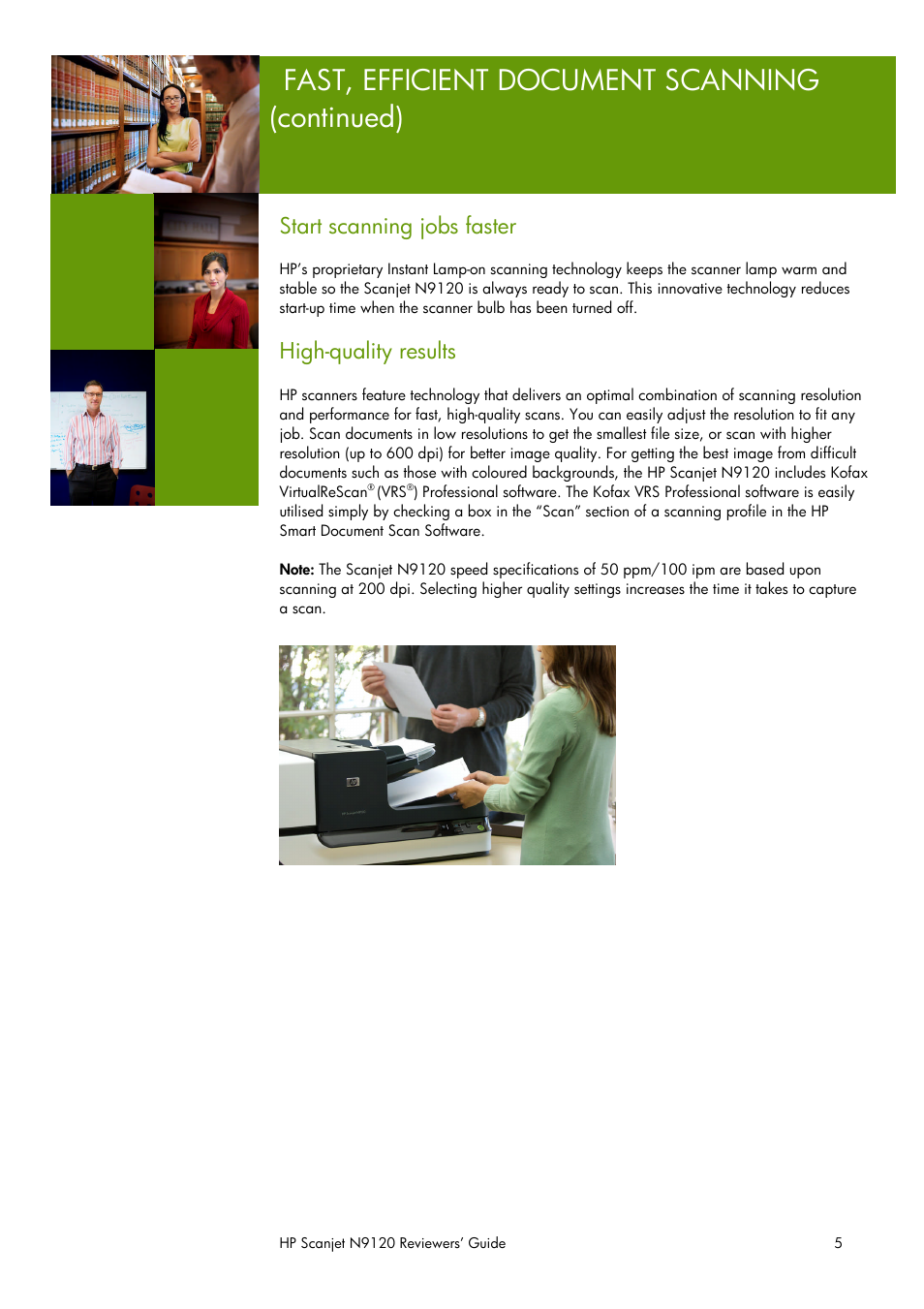 Fast, efficient document scanning (continued), Start scanning jobs faster, High-quality results | HP SCANJET N9120 User Manual | Page 5 / 16