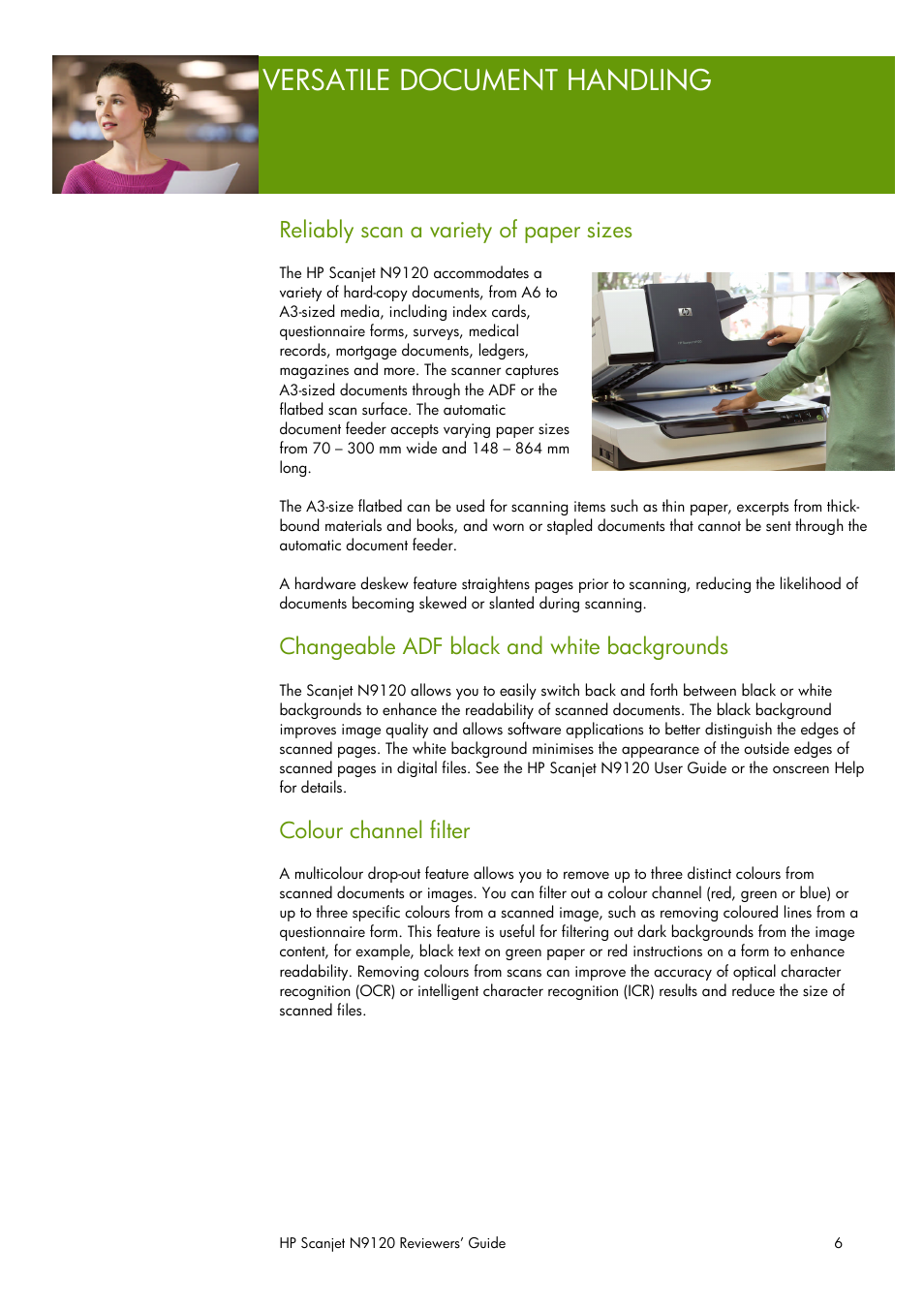 Versatile document handling, Reliably scan a variety of paper sizes, Changeable adf black and white backgrounds | Colour channel filter | HP SCANJET N9120 User Manual | Page 6 / 16