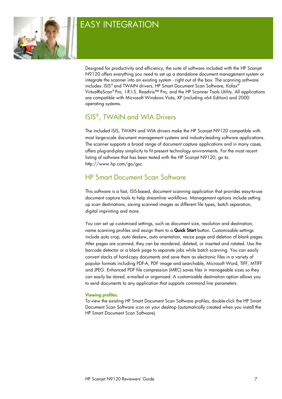 Easy integration, Isis, Twain and wia drivers | Hp smart document scan software | HP SCANJET N9120 User Manual | Page 7 / 16