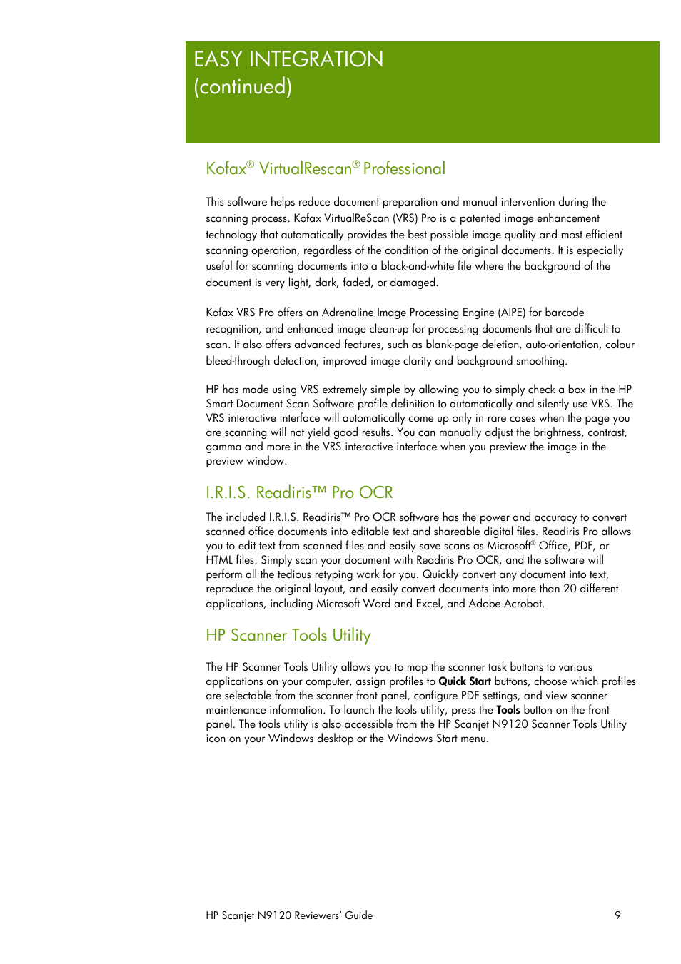 Easy integration (continued), Kofax, Virtualrescan | Professional, I.r.i.s. readiris™ pro ocr, Hp scanner tools utility | HP SCANJET N9120 User Manual | Page 9 / 16