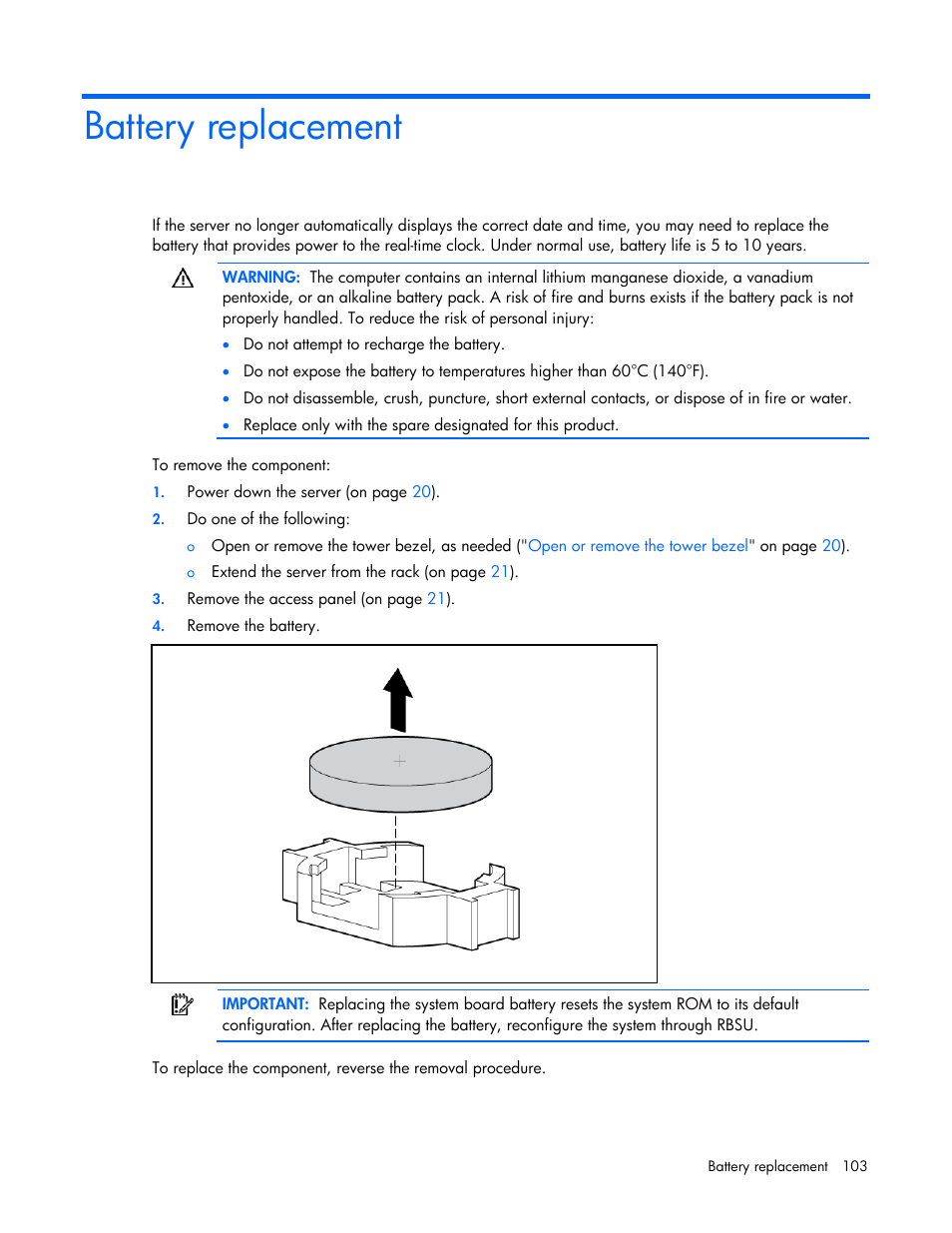 Battery replacement | HP PROLIANT ML330 G6 User Manual | Page 103 / 129