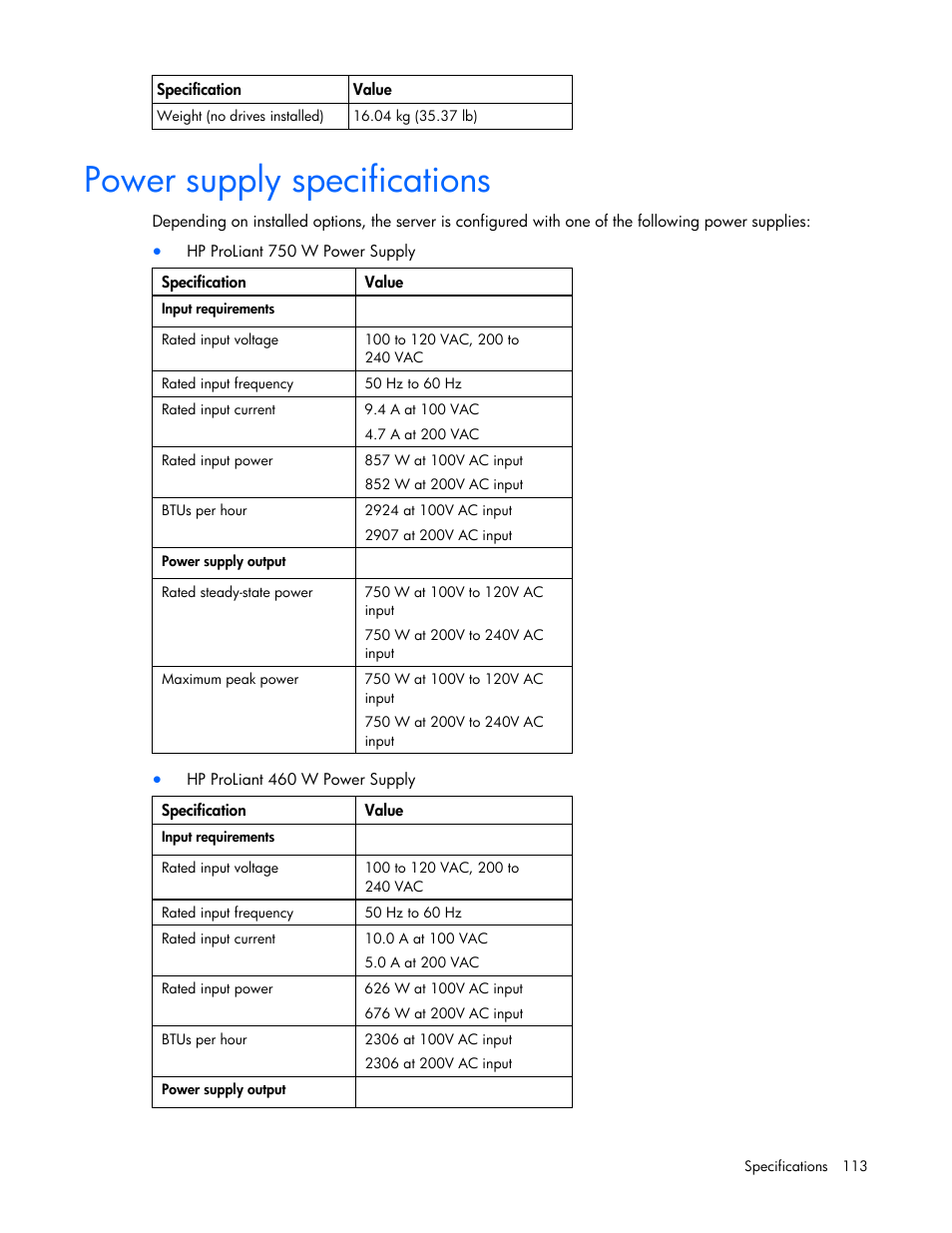 Power supply specifications | HP PROLIANT ML330 G6 User Manual | Page 113 / 129