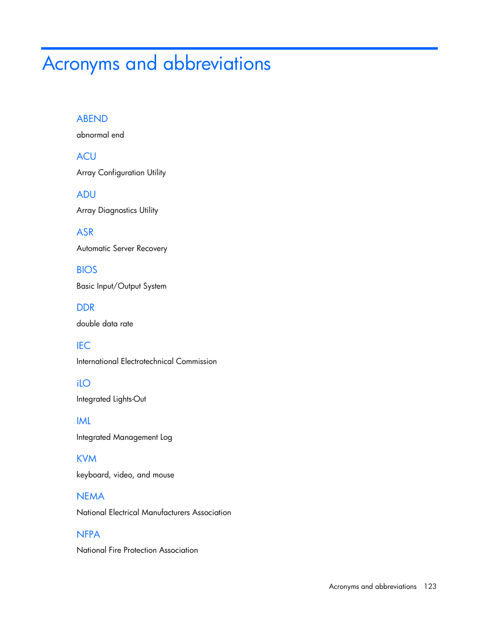 Acronyms and abbreviations | HP PROLIANT ML330 G6 User Manual | Page 123 / 129