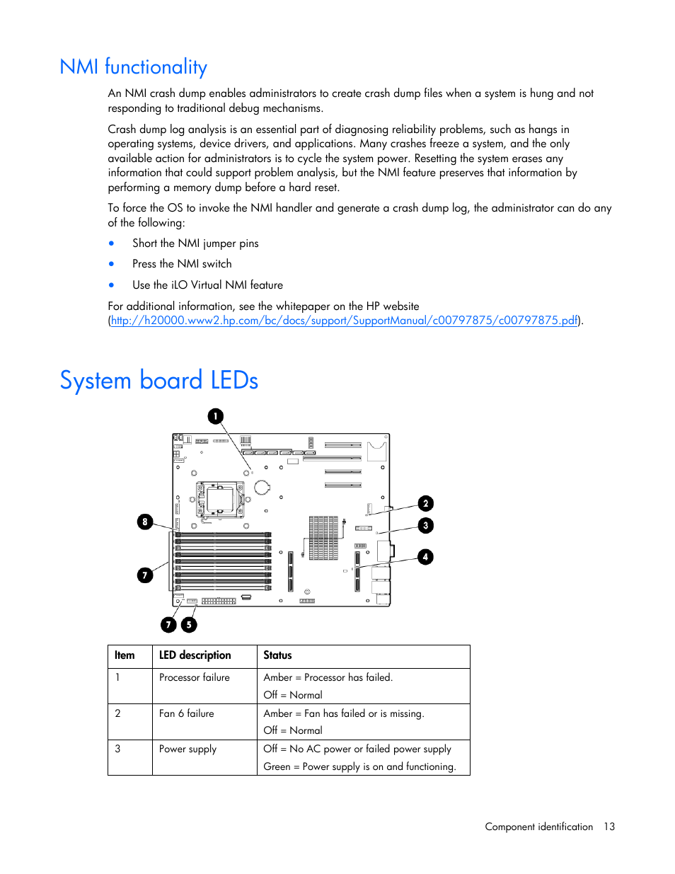 Nmi functionality, System board leds | HP PROLIANT ML330 G6 User Manual | Page 13 / 129