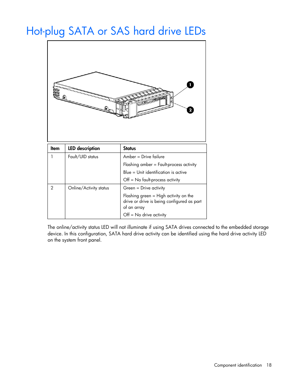 Hot-plug sata or sas hard drive leds | HP PROLIANT ML330 G6 User Manual | Page 18 / 129