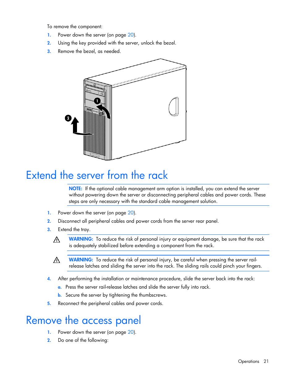 Extend the server from the rack, Remove the access panel | HP PROLIANT ML330 G6 User Manual | Page 21 / 129