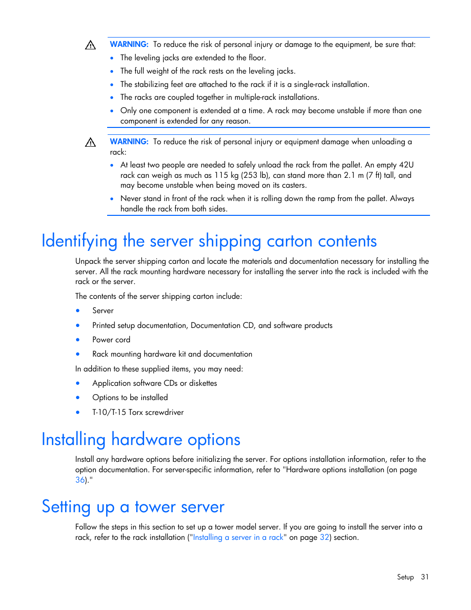 Identifying the server shipping carton contents, Installing hardware options, Setting up a tower server | HP PROLIANT ML330 G6 User Manual | Page 31 / 129