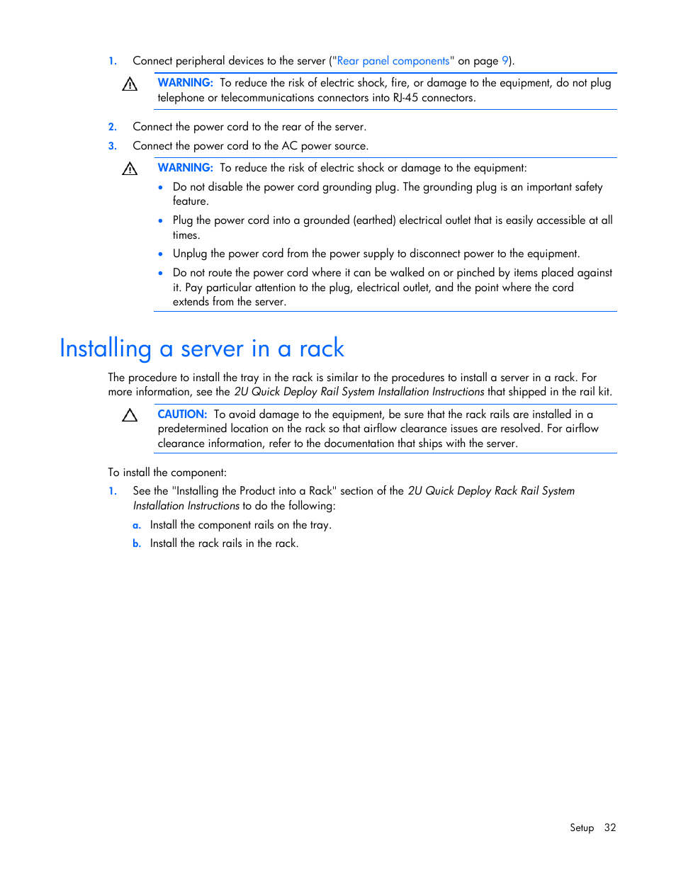 Installing a server in a rack, Tion, Sect | HP PROLIANT ML330 G6 User Manual | Page 32 / 129