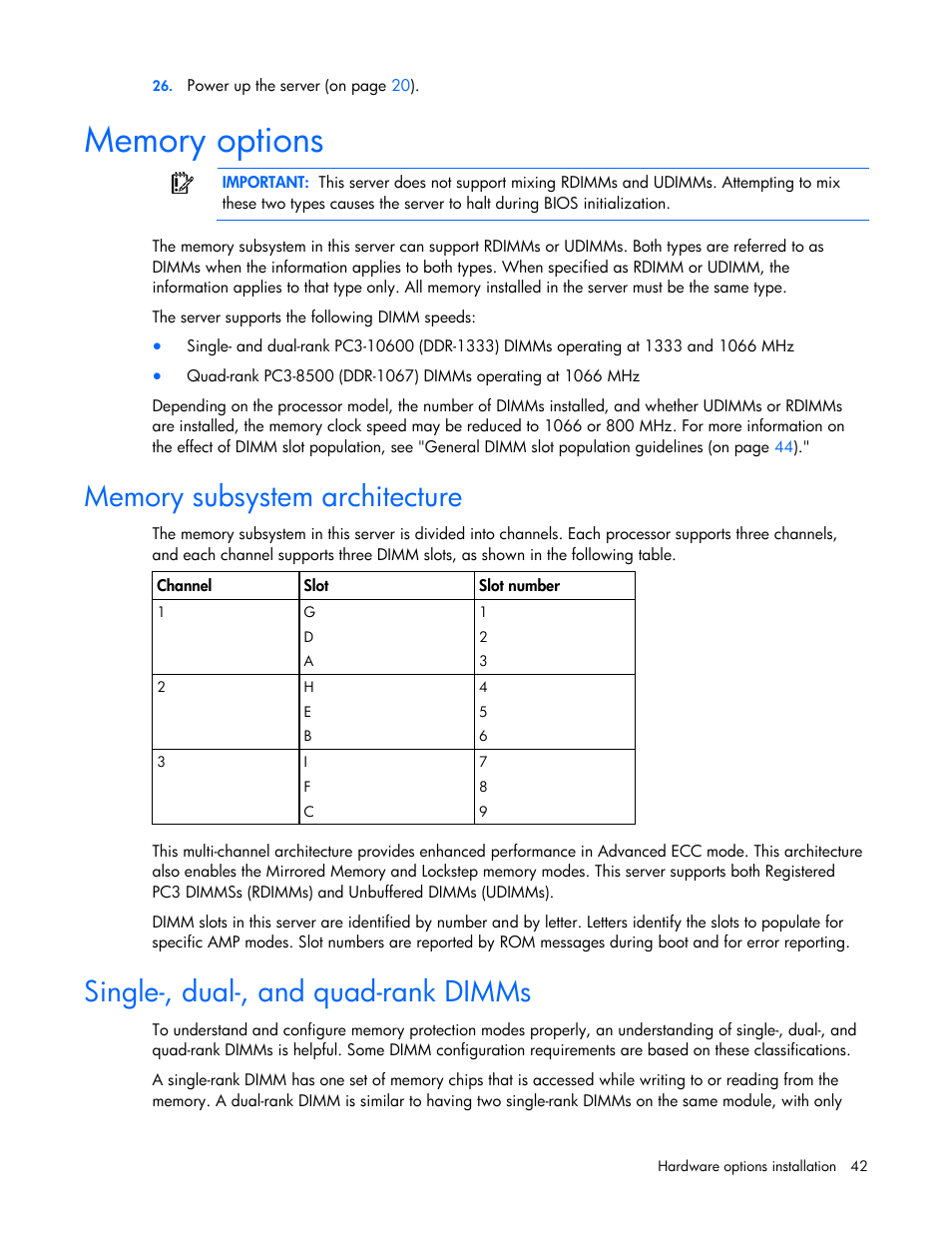Memory options, Memory subsystem architecture, Single-, dual-, and quad-rank dimms | HP PROLIANT ML330 G6 User Manual | Page 42 / 129