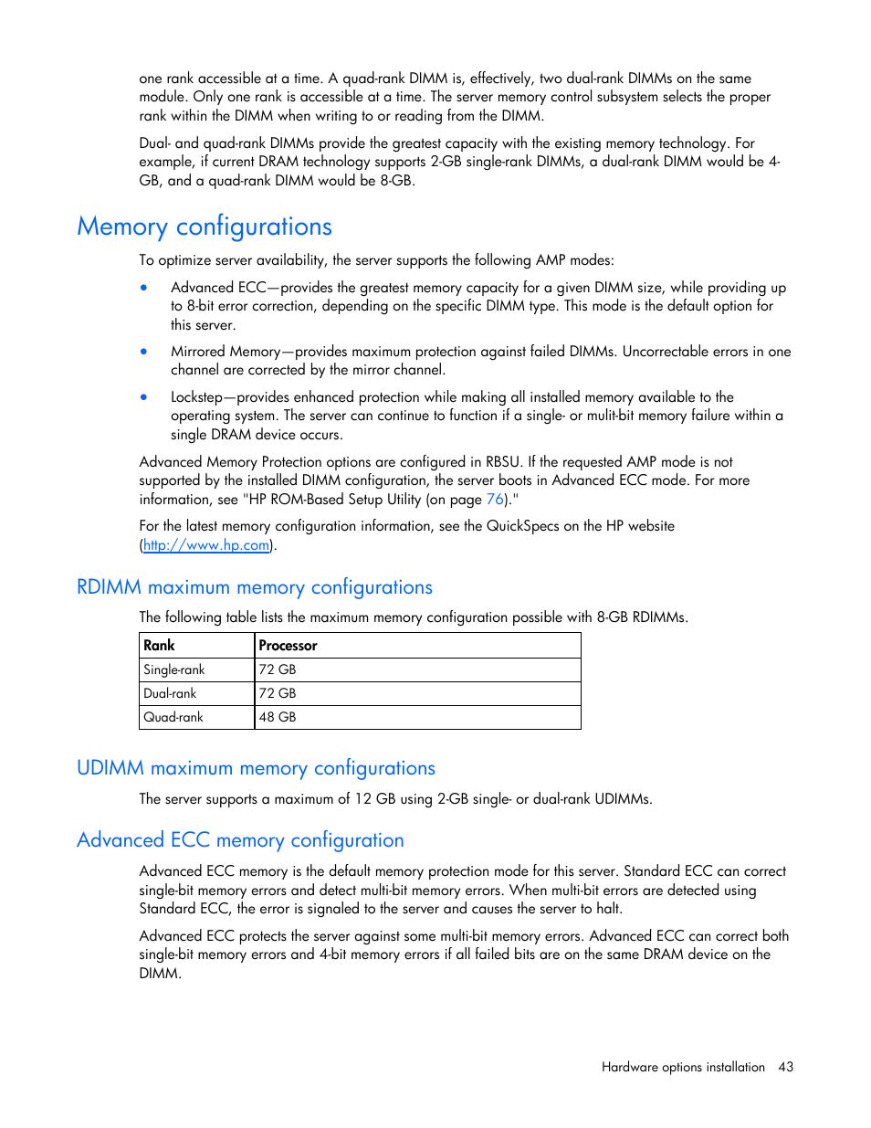 Memory configurations, Rdimm maximum memory configurations, Udimm maximum memory configurations | Advanced ecc memory configuration | HP PROLIANT ML330 G6 User Manual | Page 43 / 129