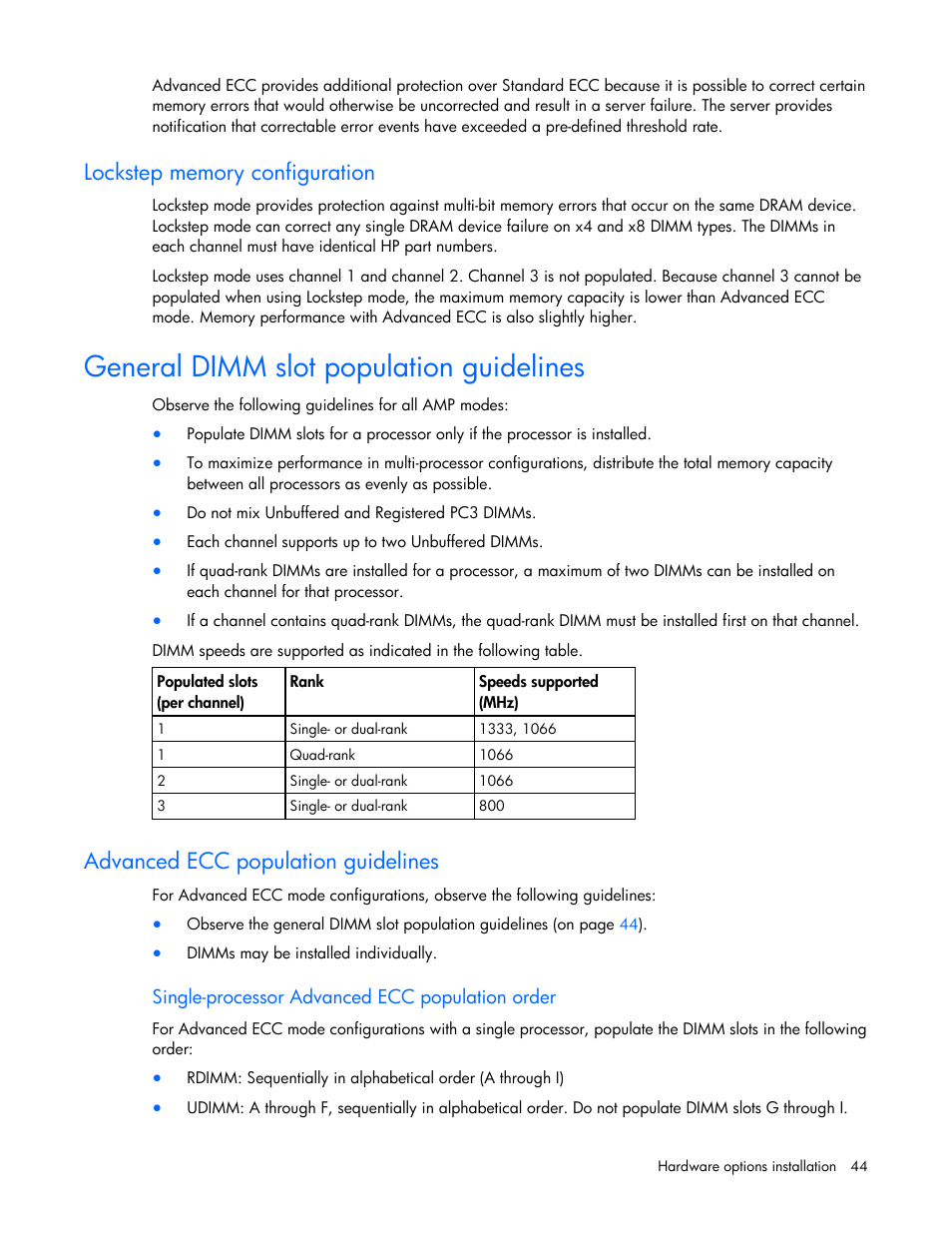 Lockstep memory configuration, General dimm slot population guidelines, Advanced ecc population guidelines | HP PROLIANT ML330 G6 User Manual | Page 44 / 129