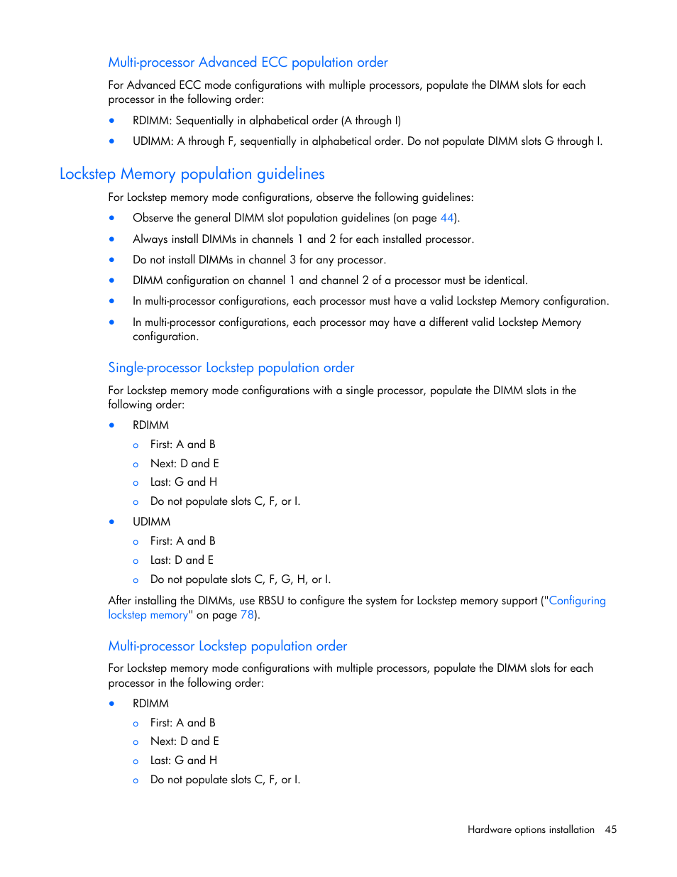 Lockstep memory population guidelines | HP PROLIANT ML330 G6 User Manual | Page 45 / 129