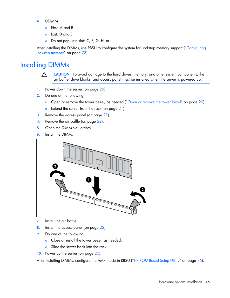 Installing dimms, Installing, Dimms | HP PROLIANT ML330 G6 User Manual | Page 46 / 129