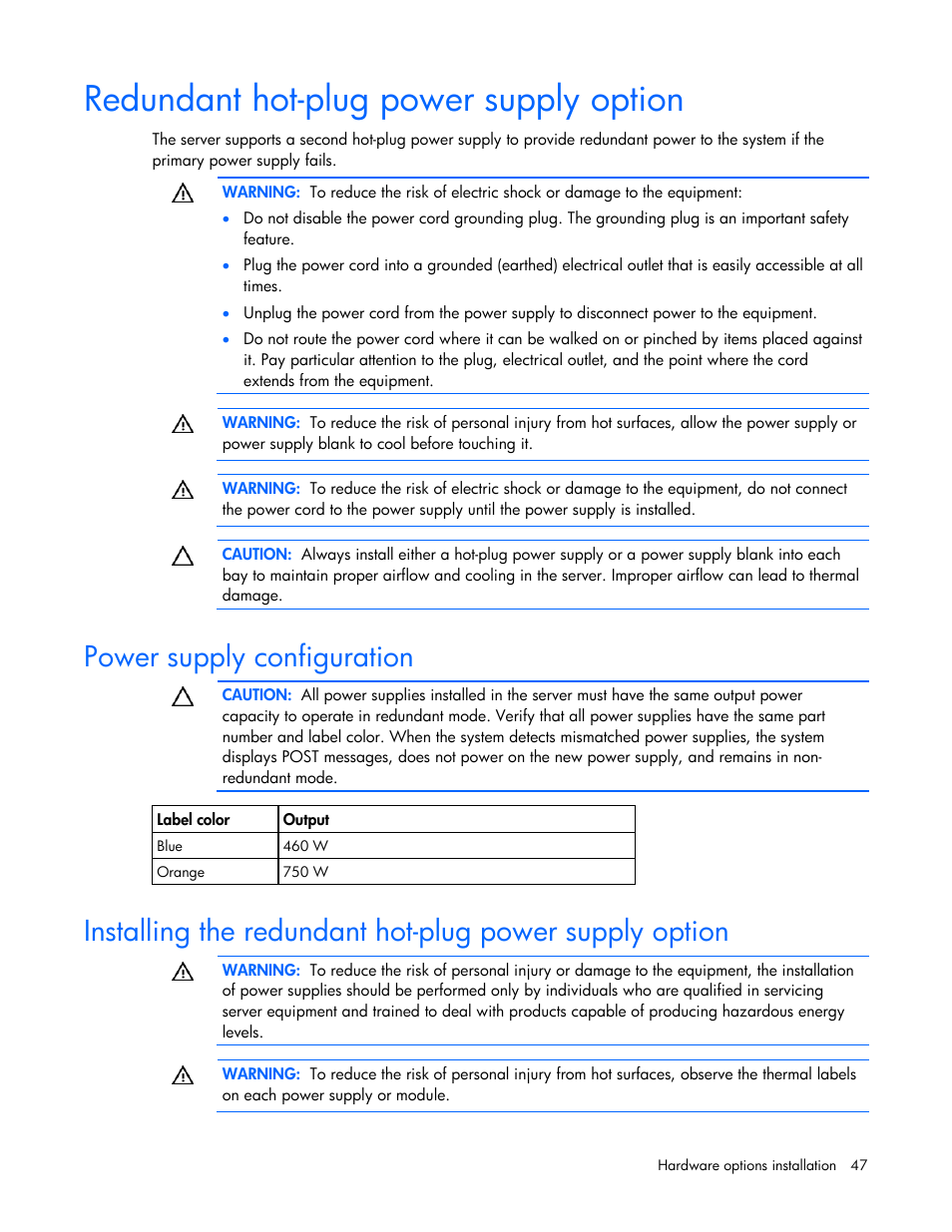 Redundant hot-plug power supply option, Power supply configuration | HP PROLIANT ML330 G6 User Manual | Page 47 / 129