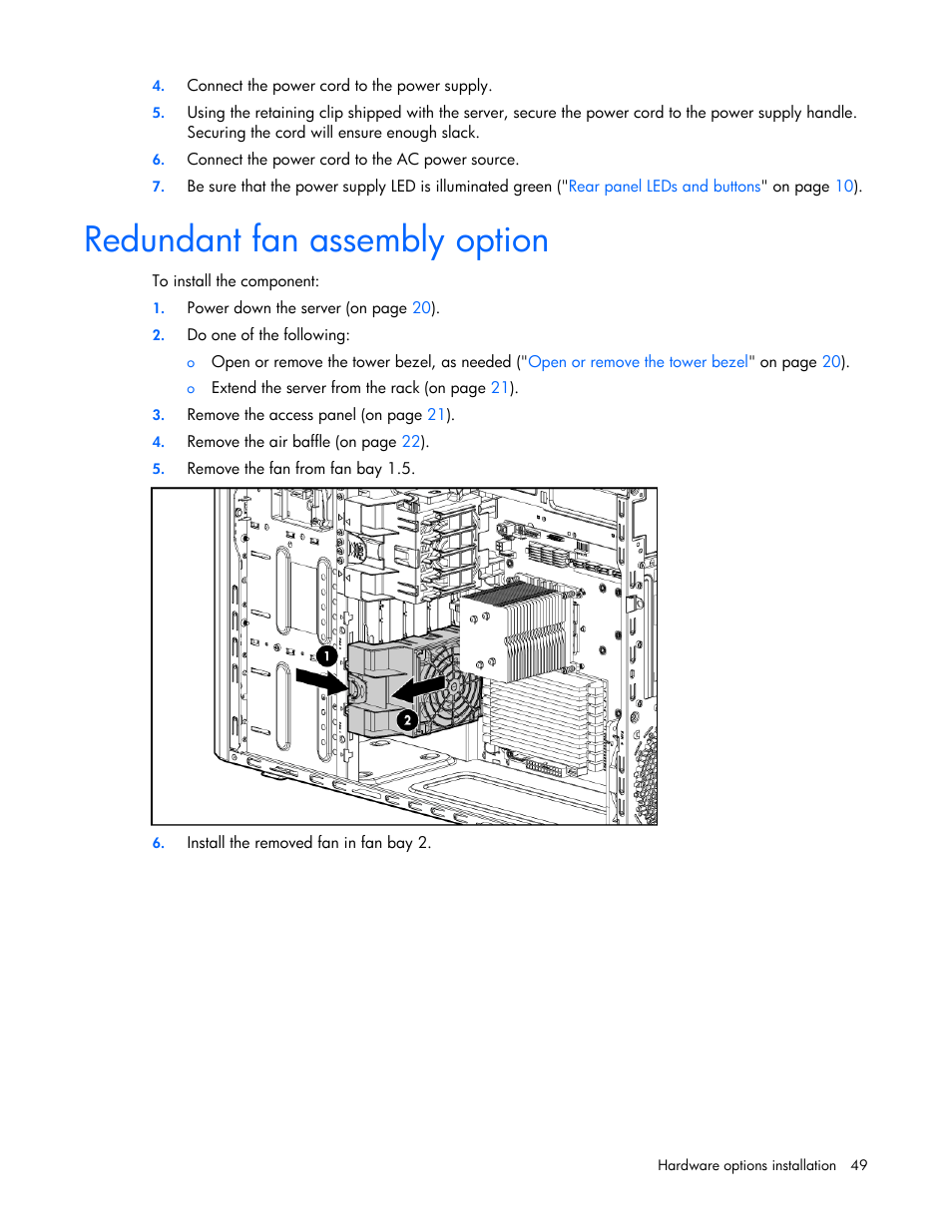 Redundant fan assembly option | HP PROLIANT ML330 G6 User Manual | Page 49 / 129