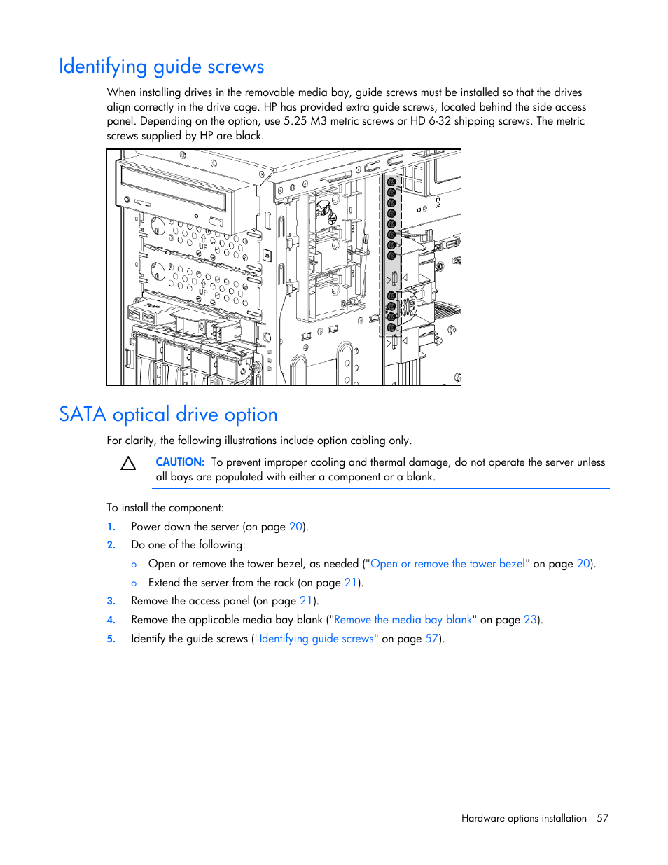 Identifying guide screws, Sata optical drive option | HP PROLIANT ML330 G6 User Manual | Page 57 / 129