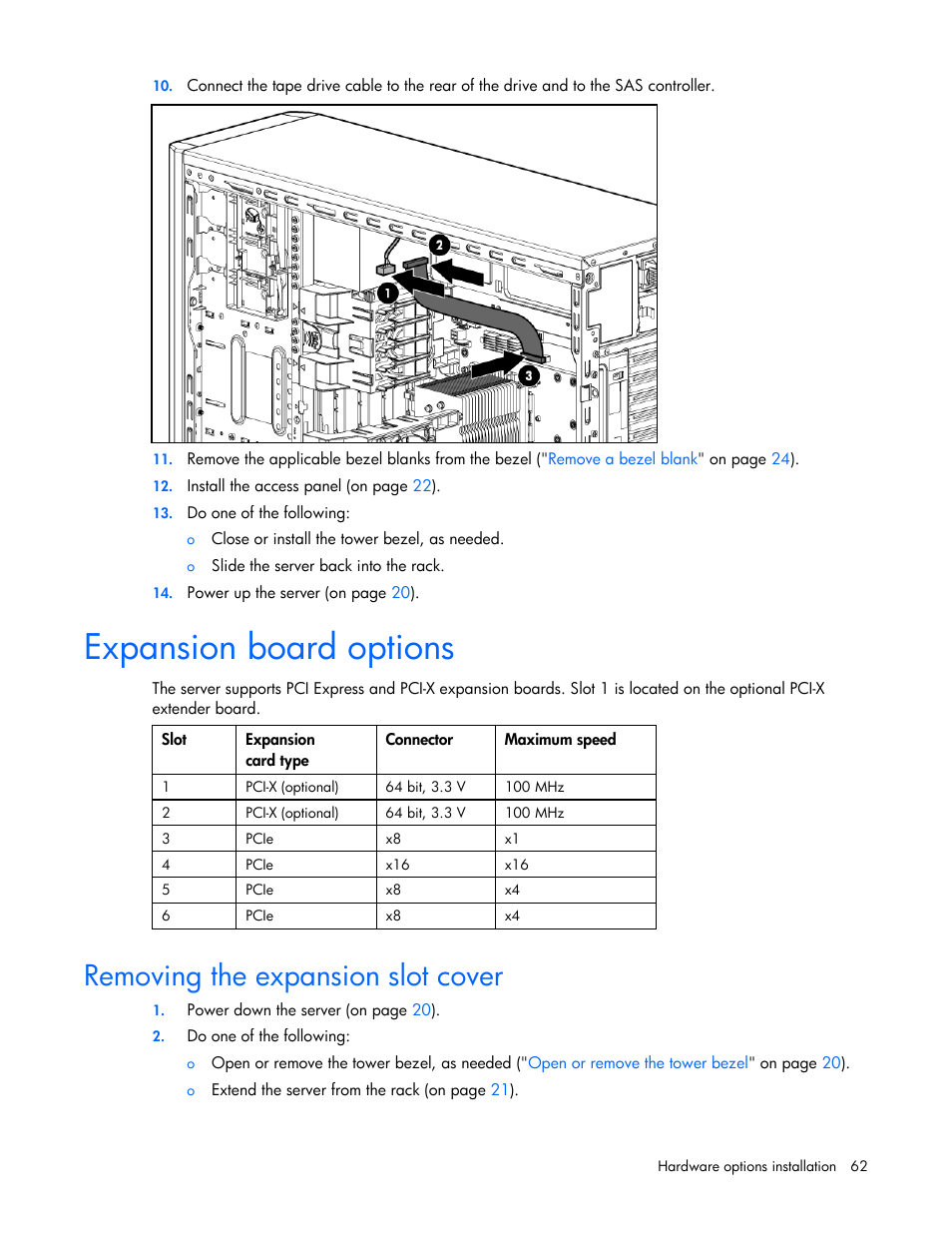 Expansion board options, Removing the expansion slot cover | HP PROLIANT ML330 G6 User Manual | Page 62 / 129