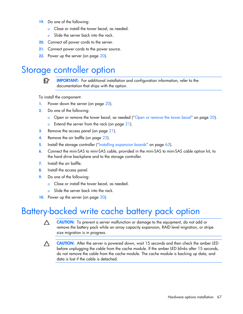 Storage controller option, Battery-backed write cache battery pack option | HP PROLIANT ML330 G6 User Manual | Page 67 / 129