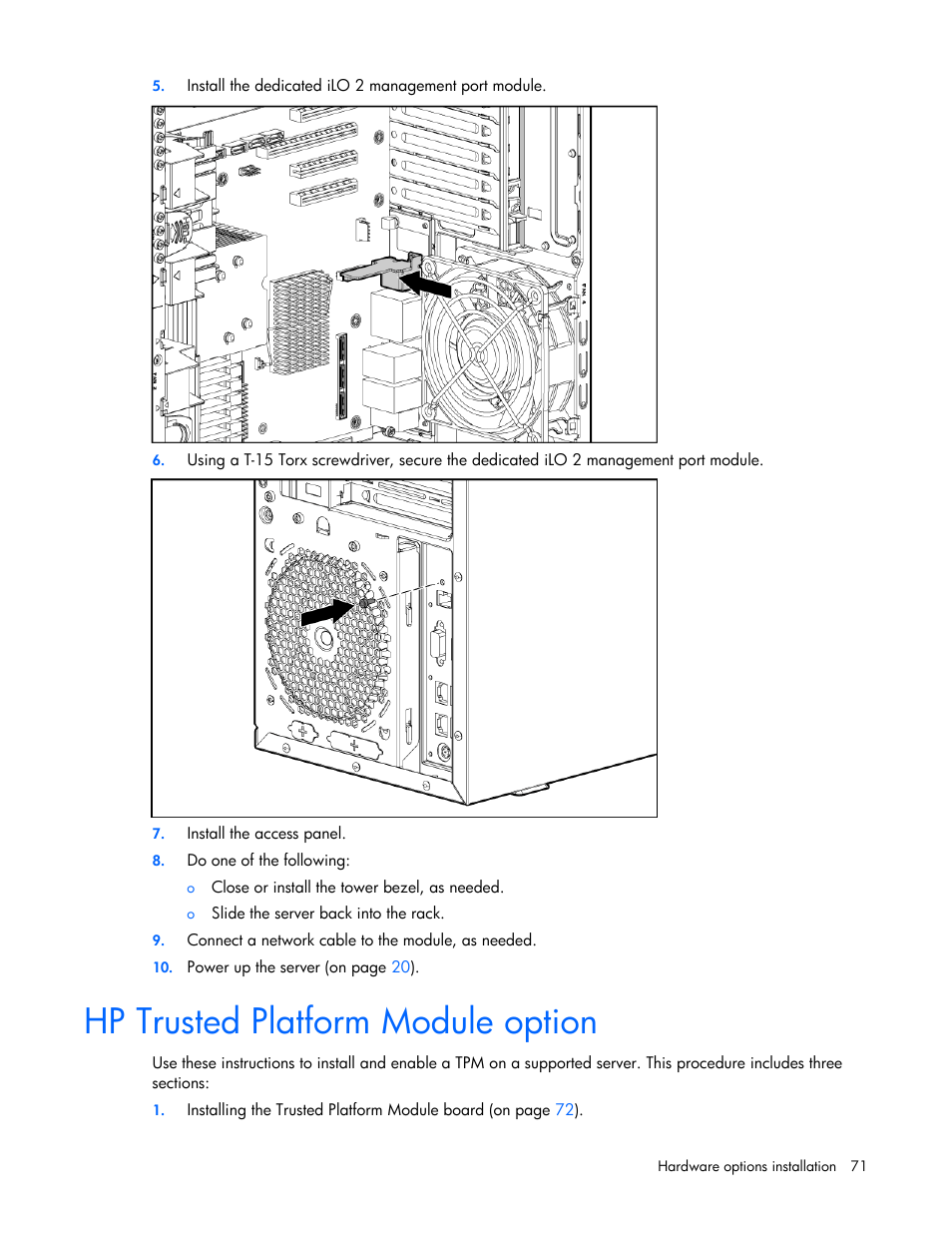 Hp trusted platform module option | HP PROLIANT ML330 G6 User Manual | Page 71 / 129