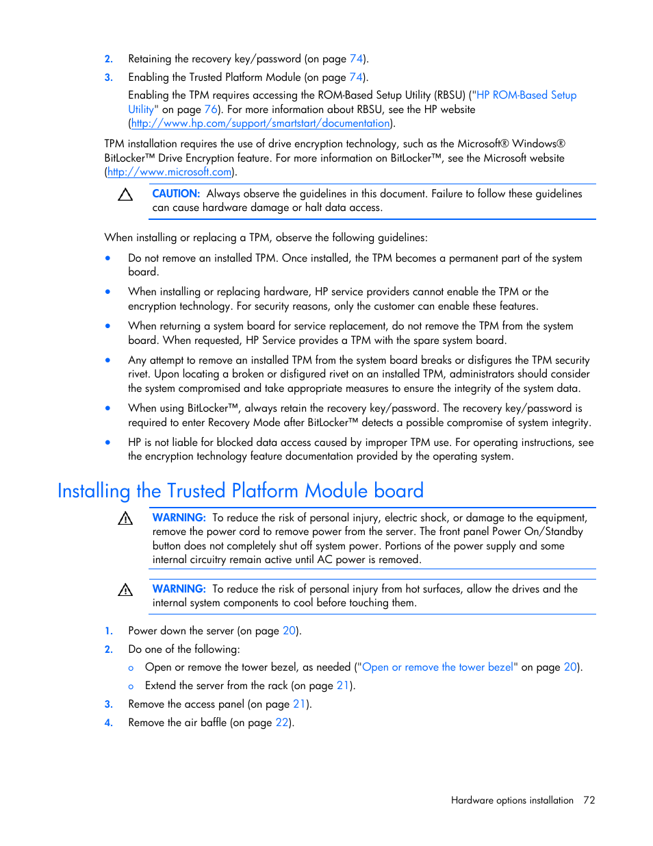 Installing the trusted platform module board | HP PROLIANT ML330 G6 User Manual | Page 72 / 129