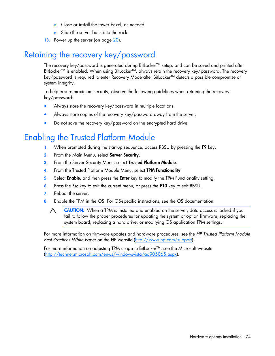 Retaining the recovery key/password, Enabling the trusted platform module | HP PROLIANT ML330 G6 User Manual | Page 74 / 129