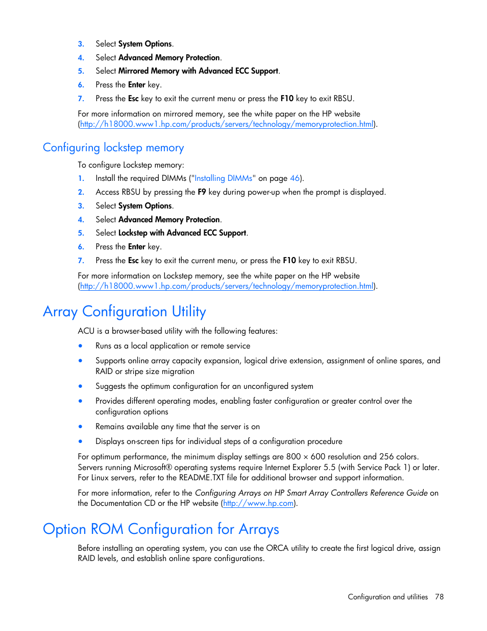 Configuring lockstep memory, Array configuration utility, Option rom configuration for arrays | Support, Configuring, Lockstep memory | HP PROLIANT ML330 G6 User Manual | Page 78 / 129