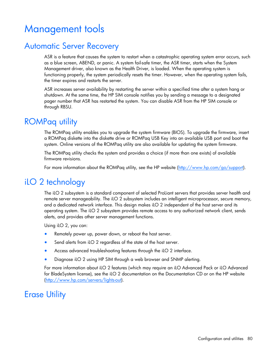Management tools, Automatic server recovery, Rompaq utility | Ilo 2 technology, Erase utility | HP PROLIANT ML330 G6 User Manual | Page 80 / 129